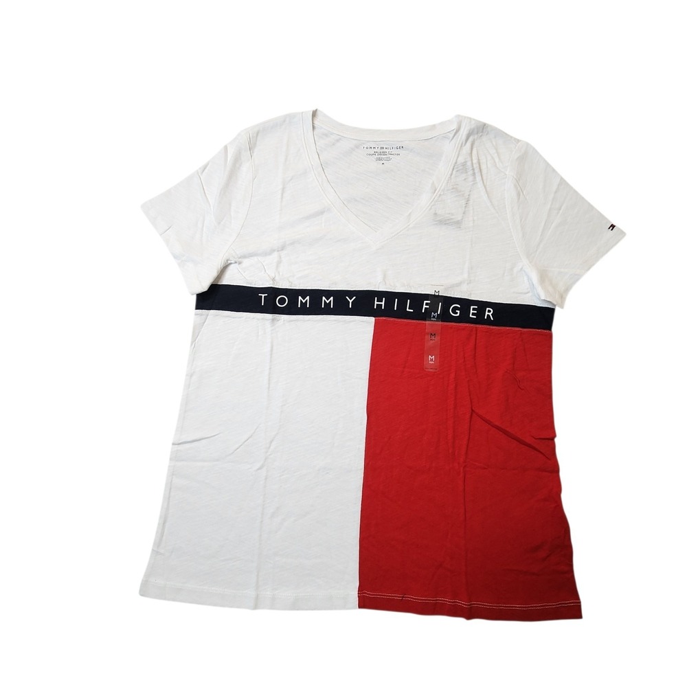 OEM Tommy Hilfiger Women Relaxed Fit Top Colorblock V-neck Short Sleeve Size M